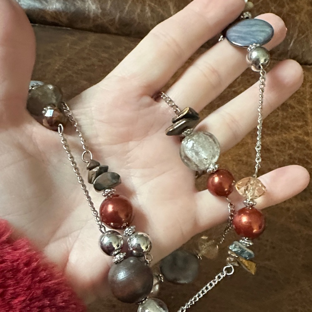 Beaded Necklace with Silver and Brown tiger eye Accents